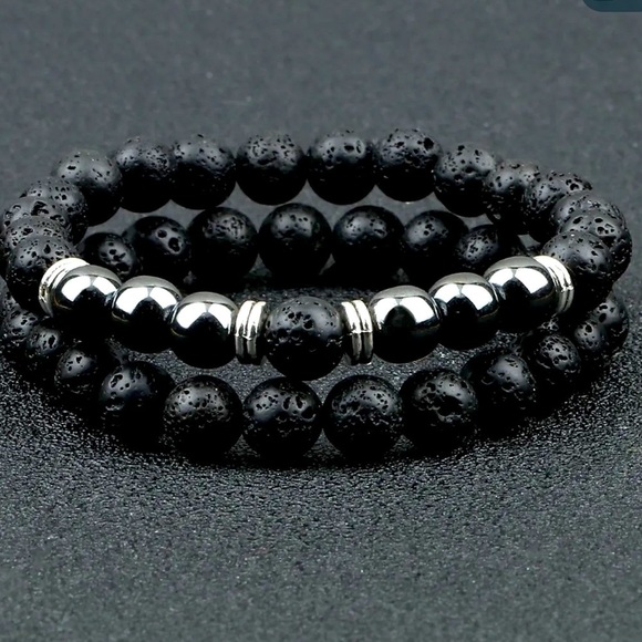 Unisex Two “Kratos “ Black Lava and Hematite Healing Stretch Bracelets - Picture 1 of 9